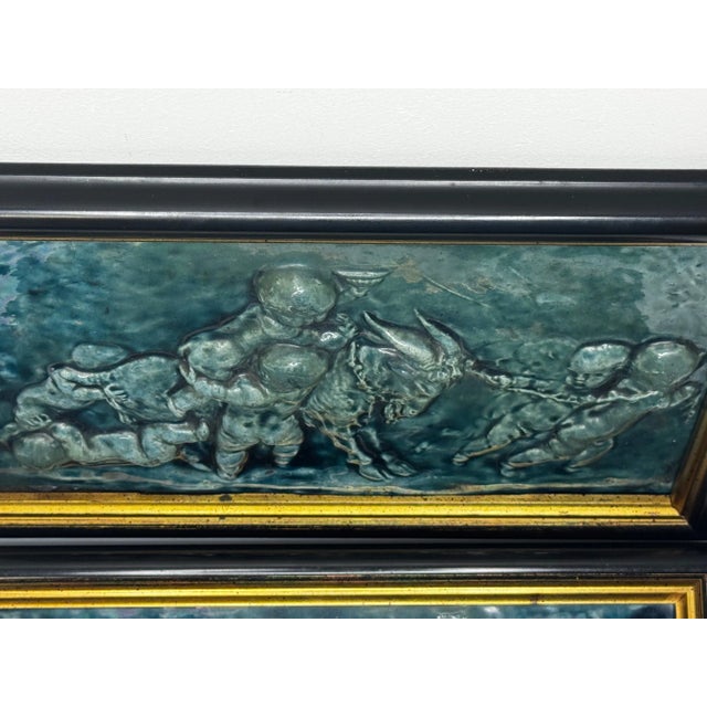 Pair Arts & Crafts Ceramic Relief Plaques Children With Goat & Children With Satyr & Dog c.1909 Attributed to Reginald Robert Tomlinson For Sale - Image 9 of 18