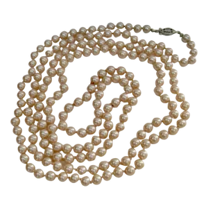 Vintage Hand Knotted Extra Long Glass Pearl Hand Knotted Champagne Necklace