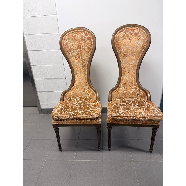 Textile Pair of Vintage Hollywood Regency High-Back Accent Chairs – 1960s Gold Velvet For Sale - Image 7 of 8