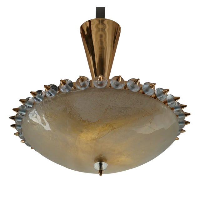 Mid-Century Murano Round Art Glass and Brass Chandelier For Sale