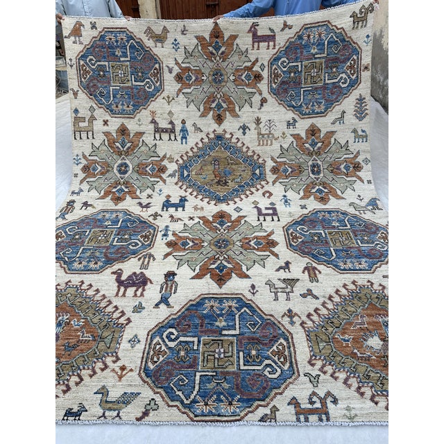 8x9.11 Kazak Design Carpet With Animals, Ivory For Sale - Image 12 of 12