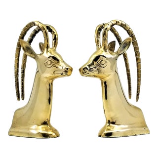 1960s Vintage Ibex Ram Gazelle Brass Bookends Styled After French Designer Alain Chervet - a Pair For Sale