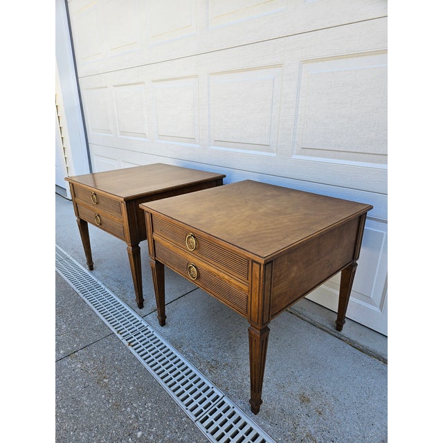 Mid 20th Century Henredon Walnut Square Side Tables Banded Tops For Sale - Image 5 of 13