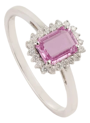 Art Deco Emerald-Cut Pink Sapphire & Diamond Halo Ring in 14k White Gold Size 4