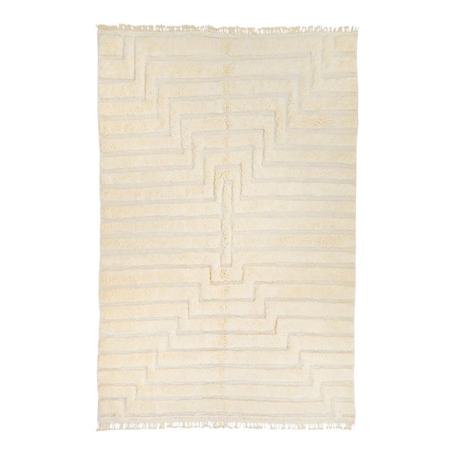Sculptural Ivory Hand-Knotted Moroccan Wool Rug | 10'8" X 6'11" | One of a Kind For Sale