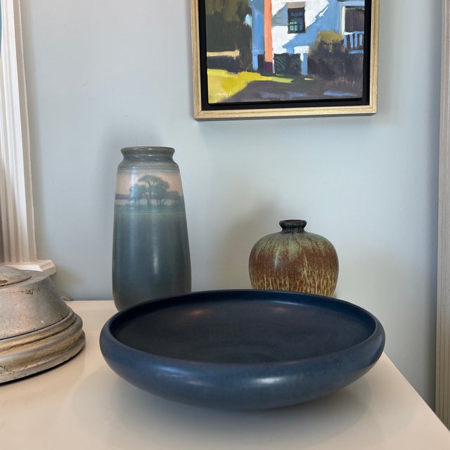 Ceramic Marblehead Pottery Low Shallow Blue Bowl For Sale - Image 7 of 7