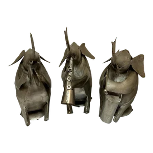 Vintage Metal Elephants Playing Musical Instruments - Set of 3