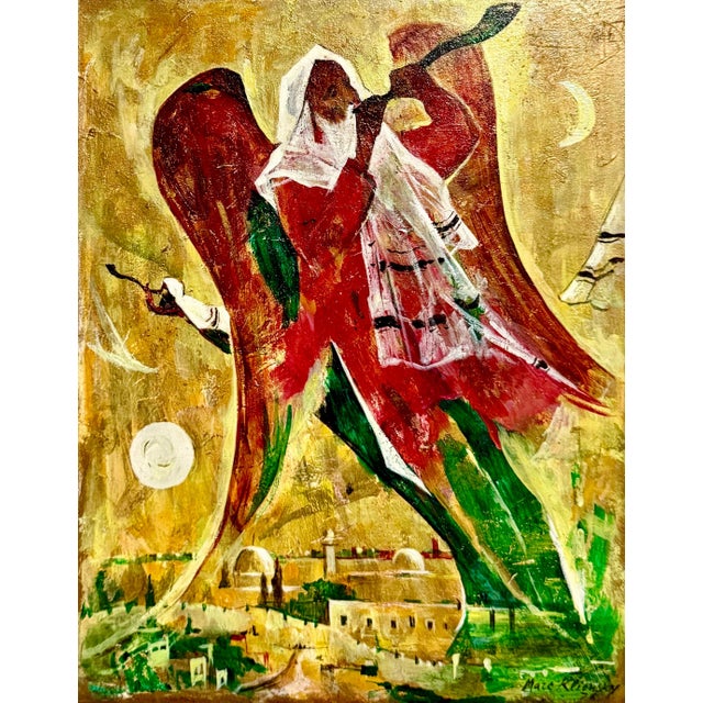 Modern Marc Klionsky, Post Soviet Russian Jewish Oil Painting Marc Klionsky Jerusalem Angel & Shofar, 1978 For Sale - Image 3 of 7