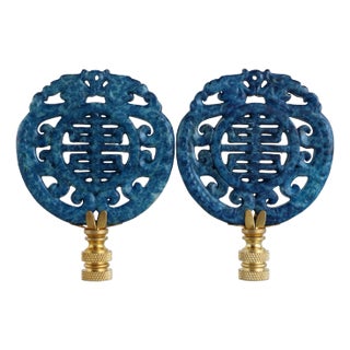 Chinese Good Fortune Lamp Finials in Mottled Blue on Brass Hardware - A Matching Pair For Sale