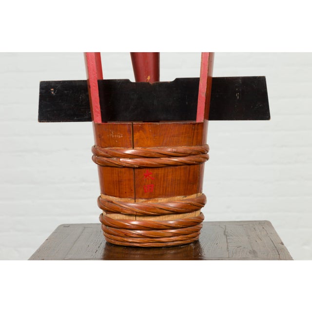 Japanese Vintage Grain Storage Jug with Red Lacquer and Calligraphy Decor For Sale - Image 12 of 13