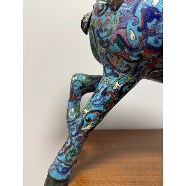 Antique Chinese Cloisonné Prancing Horse Sculpture | Large Republic Period Bronze & Enamel Figurine | Turquoise Scrollwork | 18" Asian Art For Sale - Image 9 of 12