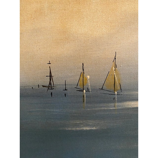 Mid-Century Modern Vintage Ship Boat Seascape Oil Painting With Schooners Signed Brent For Sale - Image 3 of 9