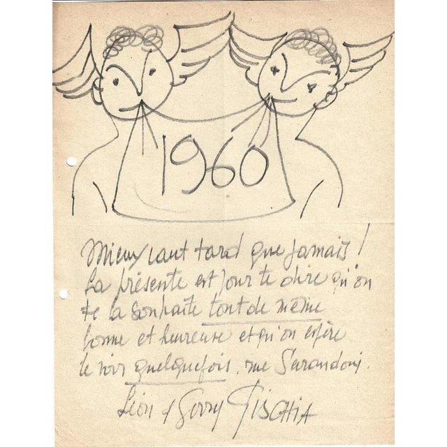 Happy New Year is an original black marker drawing on paper with autograph wishing notes by the French artist Léon Gischia...
