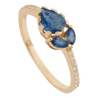 Pear & Marquise Cut Blue Sapphire Diamond 14k Gold Art Deco Ring Size 6.5 For Sale