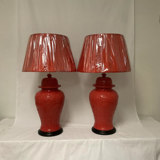 1960s Vintage Large Coral Porcelain Ginger Jar Lamps With Shades - a Pair For Sale - Image 11 of 12