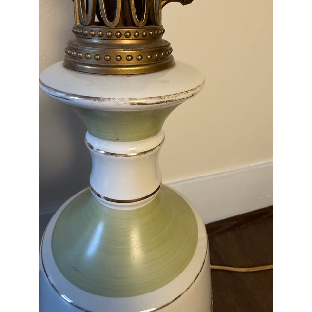 Neoclassical Vintage Sage Green & Ivory Floral Ceramic Table Lamp With Brass Accents For Sale - Image 3 of 6