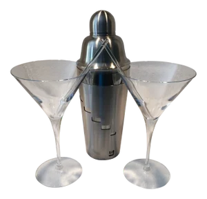 2 Luigi Bormioli Crystal Martini Glasses Oggi Dial-A-Drink Cocktail Shaker and 2 Glass Swizzle Sticks - Set of 5