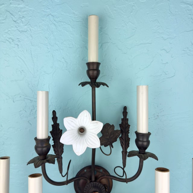 Vintage 7 Light Wrought Iron Wall Sconce With Milk Glass Flowers & Cherub Motif - Matching Sconce Available Separately For Sale - Image 12 of 12