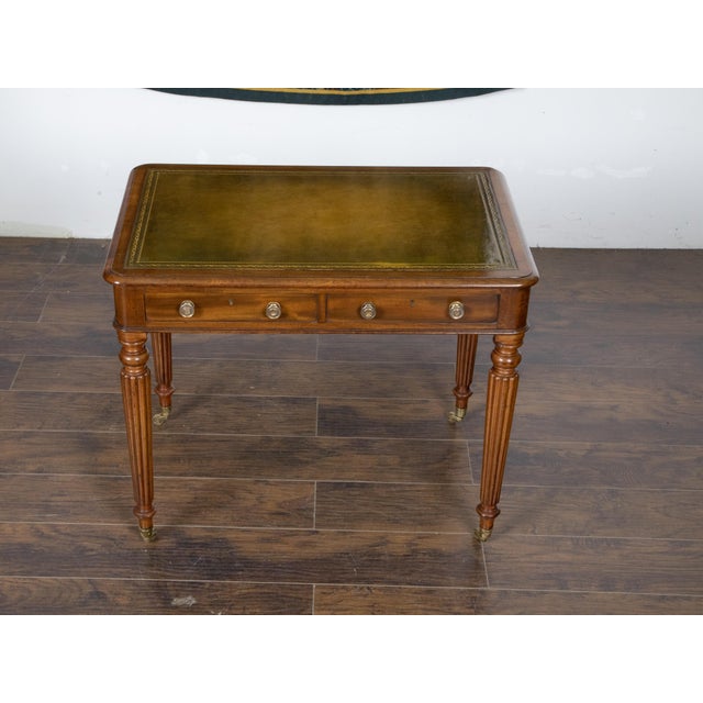 Brown English 19th Century Mahogany Desk with Green Leather Top and Reeded Legs For Sale - Image 8 of 12