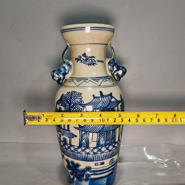 Blue and White Porcelain Vases With Landscape Motif - Set of 2 For Sale In New York - Image 6 of 10