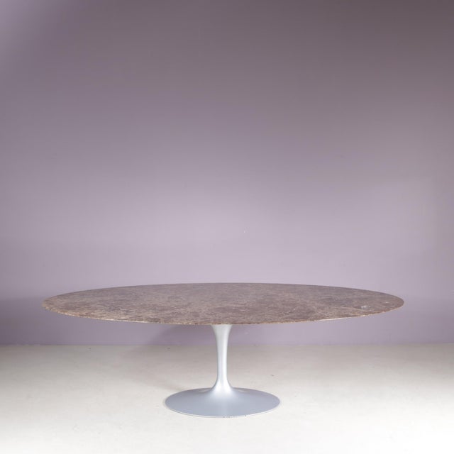 Mid-Century Modern Oval Tulip Table with Brown Marble Top and Matt Silver Coated Oval Base by Eero Saarinen for Knoll, USA, 1970s For Sale - Image 3 of 11