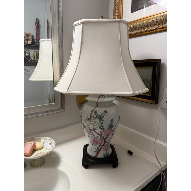 Electrified table lamp made from a Chinese-style baluster porcelain vase with hand-painted floral and bird motifs in...