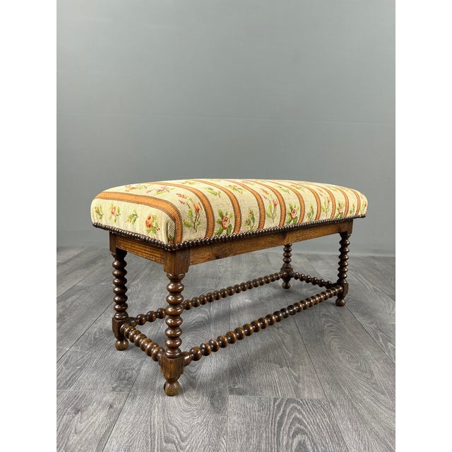 Wood Antique Turned Wood Bench with Floral Tapestry Seat For Sale - Image 7 of 8