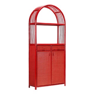 Vintage Bookcase in Red Bamboo and Glass, 1980s For Sale