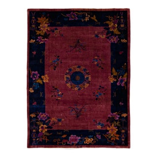 Burgundy Antique Art Deco Handmade Chinese Floral Motif Wool Rug For Sale