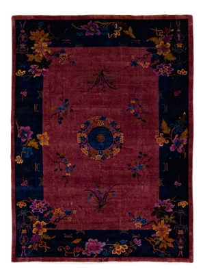 Burgundy Antique Art Deco Handmade Chinese Floral Motif Wool Rug