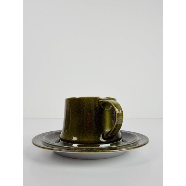 Mid-Century Scandinavian Olive Green Glazed Cups and Saucers, 1970s, Set of 12 For Sale - Image 10 of 18