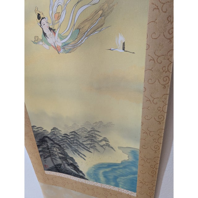 Textile Vintage Japanese Hanging Scroll – Kannon With Cranes – Hand-Painted Celestial Deity of Compassion For Sale - Image 7 of 9