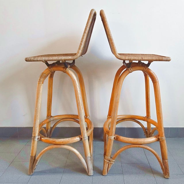 Vintage Rattan and Bamboo Bar Stools by Dirk van Sliedgert, 1950s, Set of 2 For Sale - Image 13 of 15