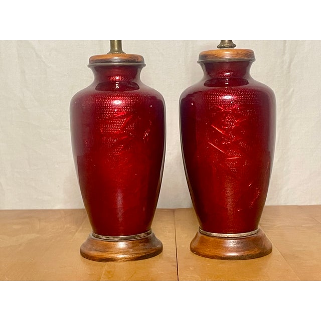 Oxblood Red Pair of Antique Chinese Sang De Boeuf Oxblood Porcelain Vase Table Lamps — Late 19th/Early 20th Century For Sale - Image 8 of 9