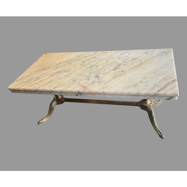 Mid 20th Century Vintage Marble Top Coffee Table W/ Brass Base Hollywood Regency Neoclassical For Sale - Image 5 of 8