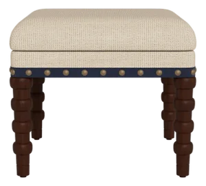 Bunny Williams Home Navy Tape Stool in Natural Performance Herringbone Chenille with Antique Brass Nailheads and Mahogany Legs