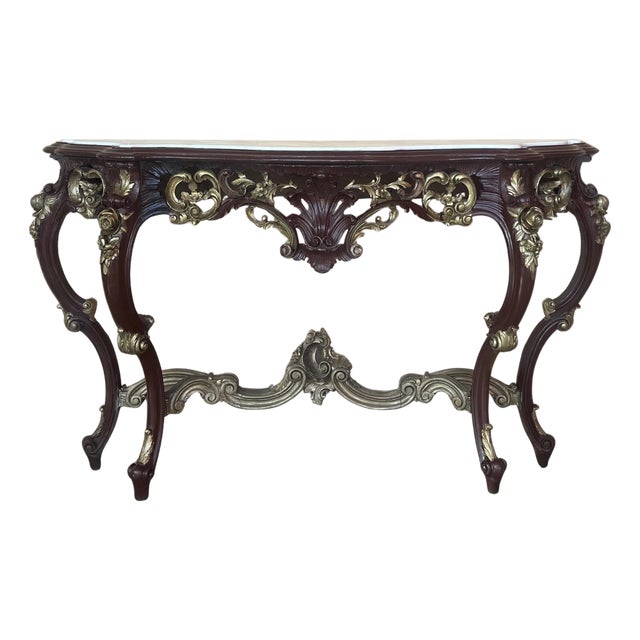 Early 20th Century Large French Regency Carved Walnut Console Table with Gilted details and marble For Sale