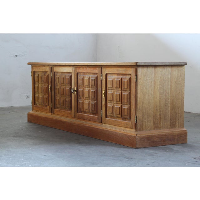 Brutalist Danish Light Oak Low Sideboard by Henning Kjærnulf, 1960s For Sale - Image 6 of 17