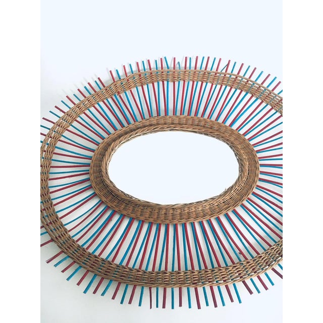 Blue Vintage French Riviera Wicker Oval Mirror, France, 1950s For Sale - Image 8 of 15