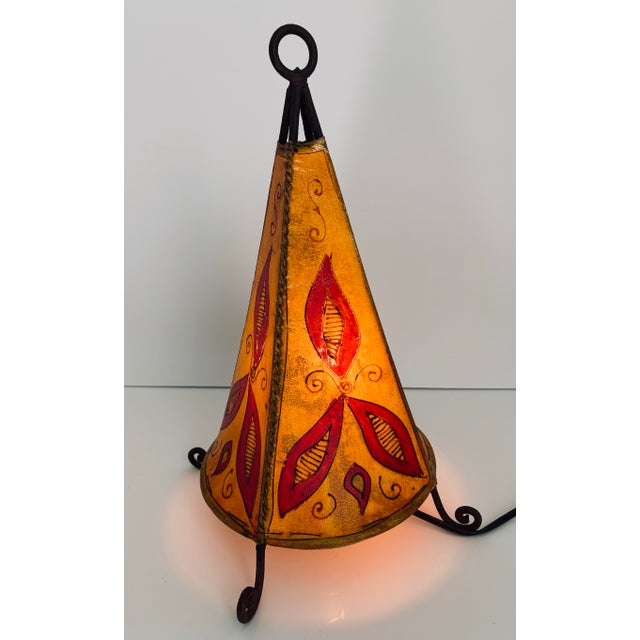 1980s Vintage Moroccan Hand Made Leather Wrought Iron Hanna Dyes Table Accent Lamp For Sale - Image 5 of 11