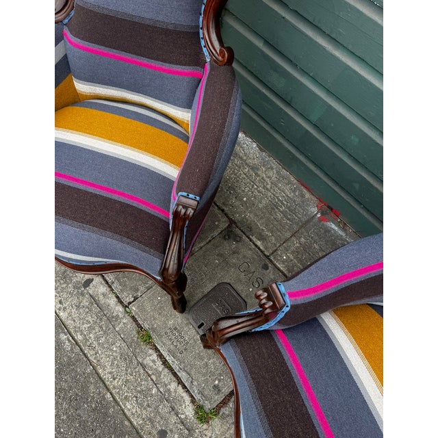 Antique Bohemian Stripped Upholstered Rustic Armchairs (All New Upholstery) Set of 2 For Sale In San Francisco - Image 6 of 12