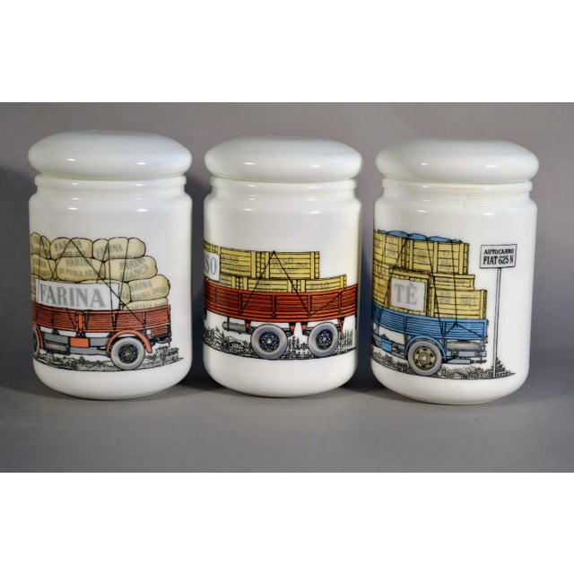 Piero Fornasetti Opaque White Glass Jars and Covers made for Fiat - Set of 6 For Sale In New York - Image 6 of 13