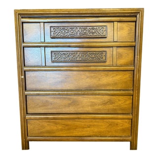 Mid-Century Bassett Furniture Walnut Brutalist Highboy Dresser For Sale