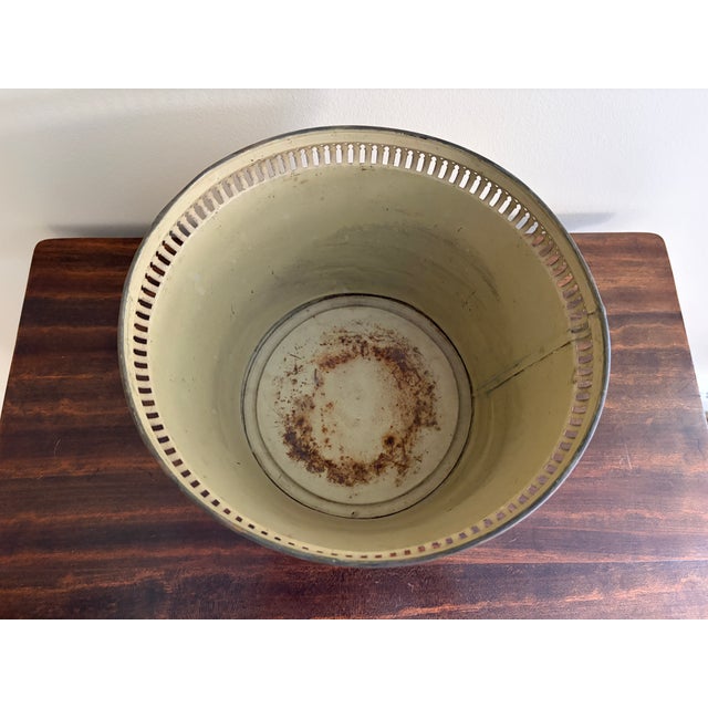 Antique French Neoclassical Yellow Tole Cachepot With Lion-Head Handles For Sale - Image 11 of 12