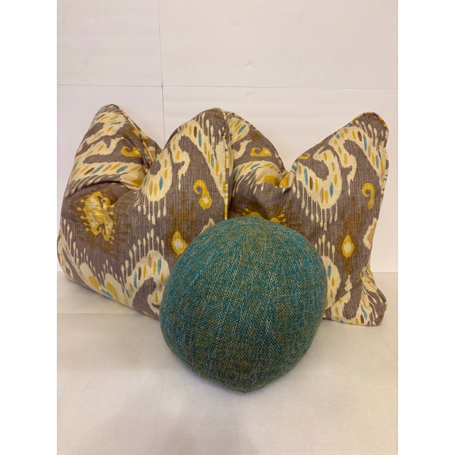 Custom Waverly "Enlightened" Ikat and Textured Teal Throw Pillows -Set of 3 For Sale - Image 4 of 4