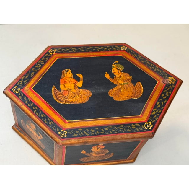 Vintage Hexagonal Hand Painted Wooden Indian Box Hidden Compartments used for Marriage or Jewelry box. Beautiful, detailed...