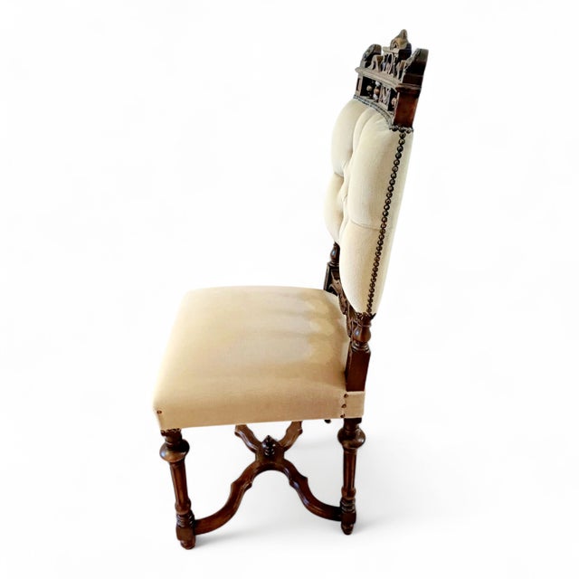 Authentic antique Victoriab side chair featuring an intricately carved solid wood frame, turned legs, decorative stretcher...