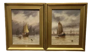 Maritime Scenes, Oil Paintings, 1909, Framed, Set of 2