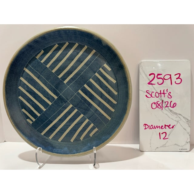 Blue Vintage Studio Art Pottery Blue Geometric Striped Stoneware Platter 12" Signed For Sale - Image 8 of 8