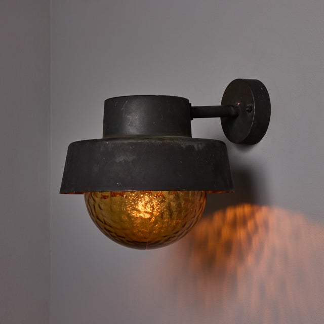 Hans-Agne Jakobsson 1970s Patinated Metal and Textured Amber Glass Outdoor Sconce Attributed to Hans Agne Jakobsson For Sale - Image 4 of 17